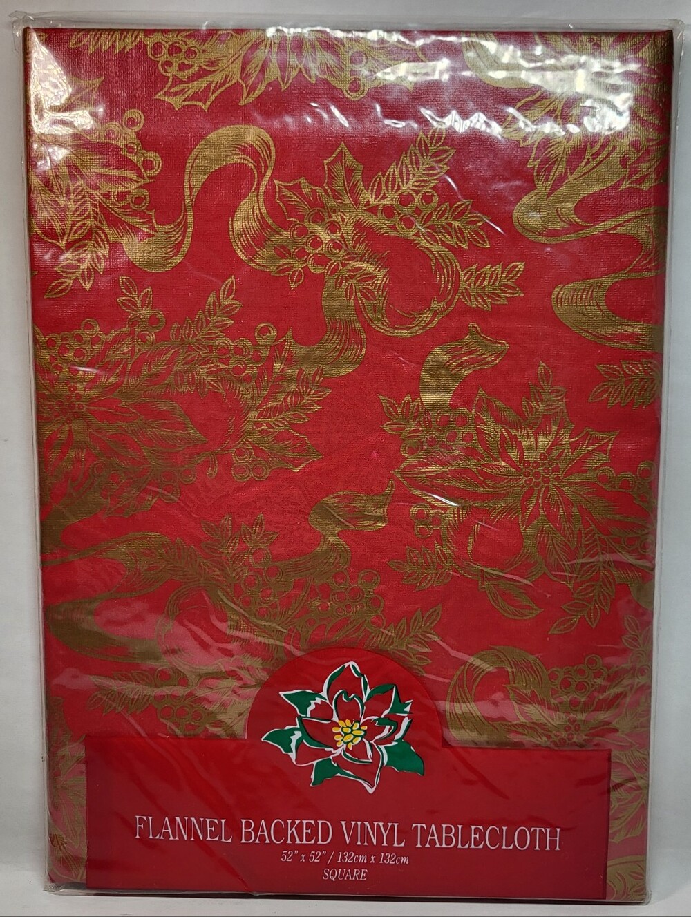 Town & Country Christmas TABLECLOTH 52" Square Flannel Backed Vinyl Red Gold NOS